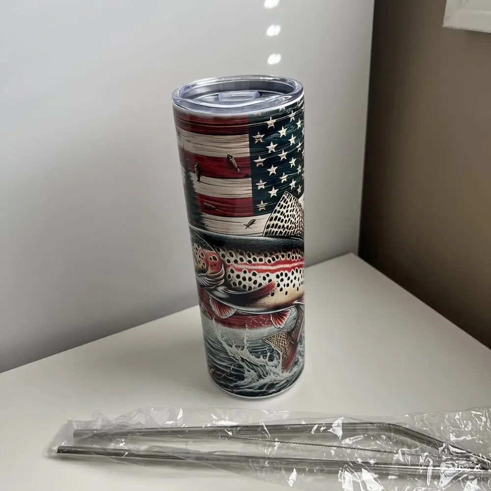 Custom Printed 20oz Tumbler Hunting Fishing Design Lid Straws And Straw Cleaner